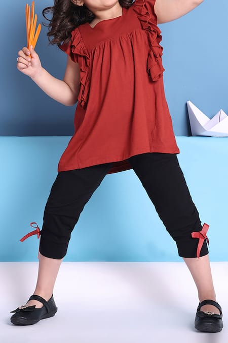 Buy_Petite Pomme_Rust Viscose Bows Top And Black Leggings Set _Online_at_Aza_Fashions