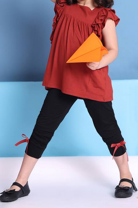 Petite Pomme_Rust Viscose Bows Top And Black Leggings Set _at_Aza_Fashions