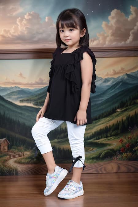 Petite Pomme Black Ruffled Top & White Leggings Set 