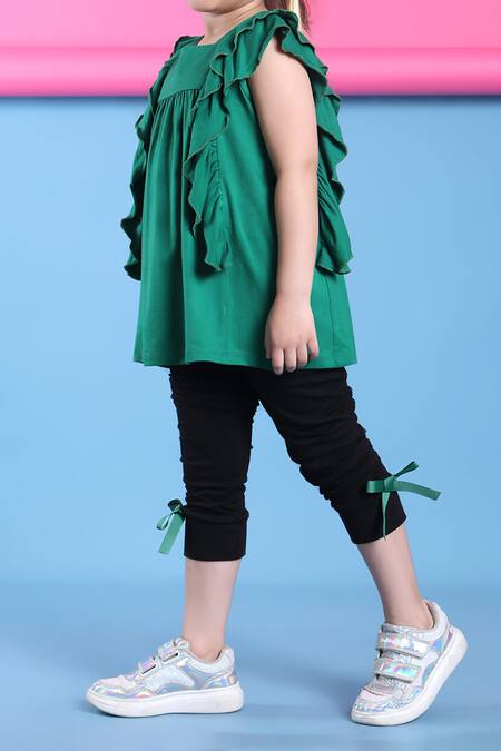 Buy_Petite Pomme_Green Viscose Ruffled Top And Black Leggings Set _Online_at_Aza_Fashions