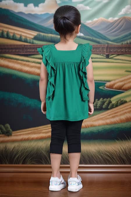Petite Pomme Green Ruffled Top & Black Leggings Set 