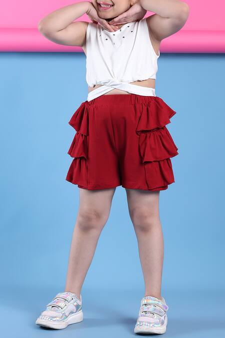 Petite Pomme_Off White Cotton Designer Top And Rust Orange Shorts _Online_at_Aza_Fashions