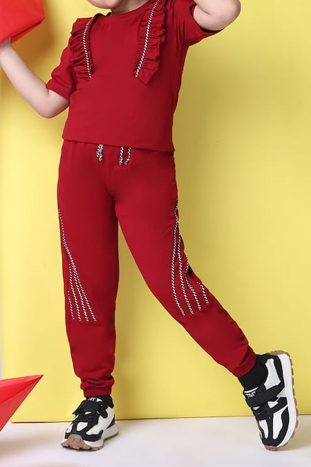 Shop_Petite Pomme_Red Cotton Designer Top And Joggers Set _Online_at_Aza_Fashions