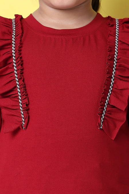 Petite Pomme_Red Cotton Designer Top And Joggers Set _at_Aza_Fashions