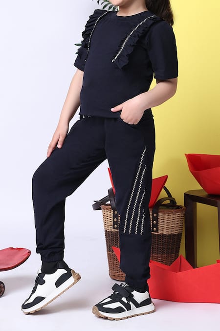 Buy_Petite Pomme_Navy Cotton Ruffles, Sequins Top And Joggers Set _Online_at_Aza_Fashions