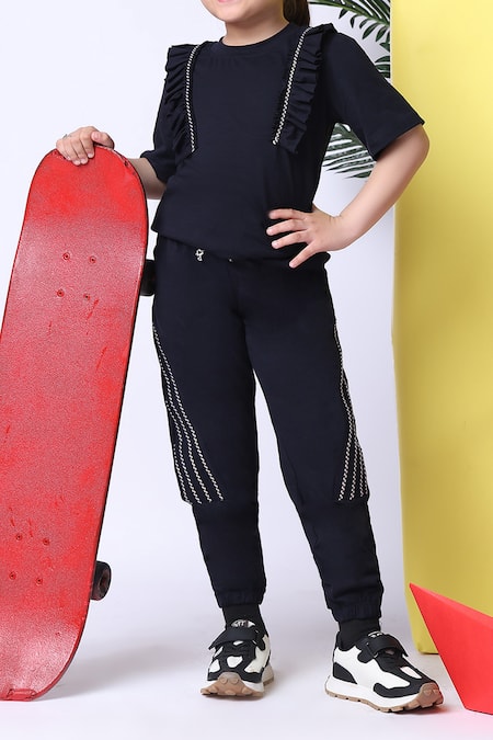 Petite Pomme_Navy Cotton Ruffles, Sequins Top And Joggers Set _at_Aza_Fashions