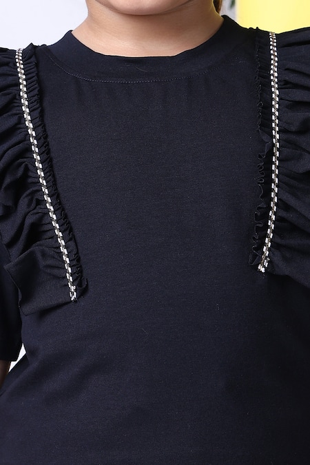 Buy_Petite Pomme_Navy Cotton Ruffles, Sequins Top And Joggers Set 