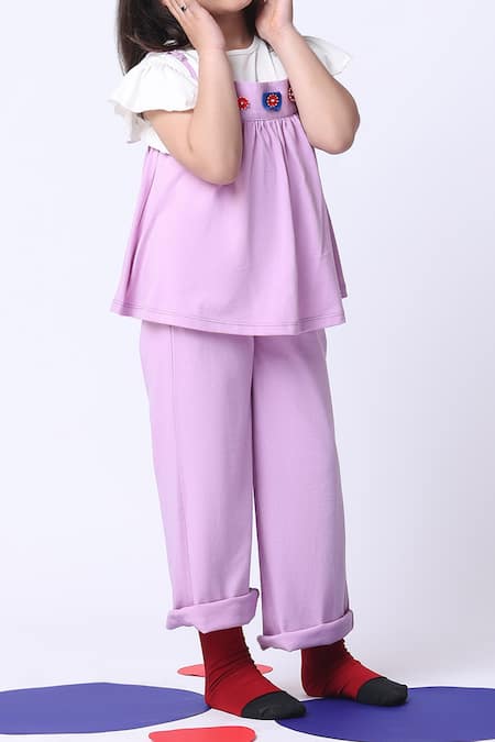 Petite Pomme_Off White Cotton Embroidery Violet Peplum Top And Pant Set _Online_at_Aza_Fashions