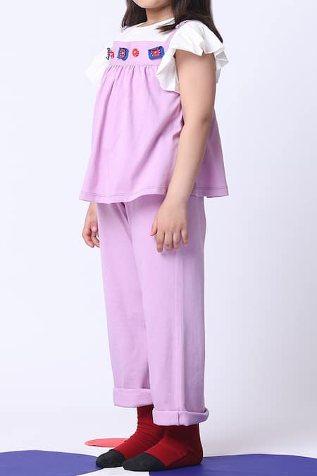 Petite Pomme_Off White Cotton Embroidery Violet Peplum Top And Pant Set _at_Aza_Fashions