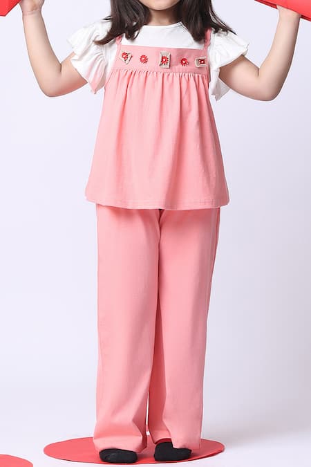 Petite Pomme_Pink Cotton Embroidery Salmon Peplum Top And Pant Set _at_Aza_Fashions
