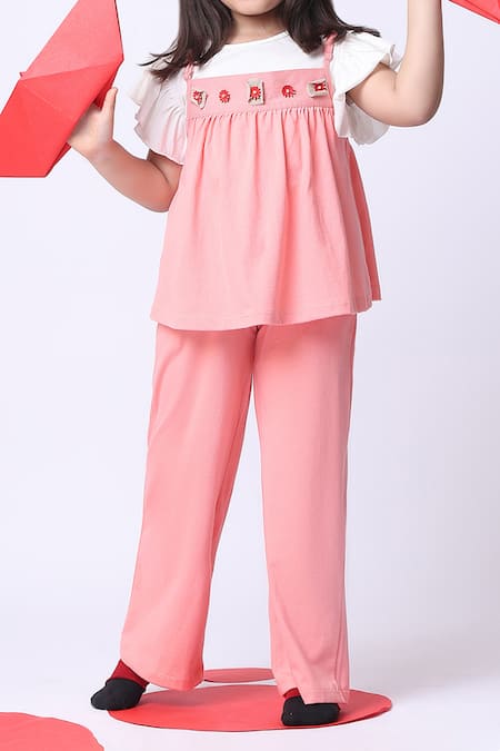 Buy_Petite Pomme_Pink Cotton Embroidery Salmon Peplum Top And Pant Set 