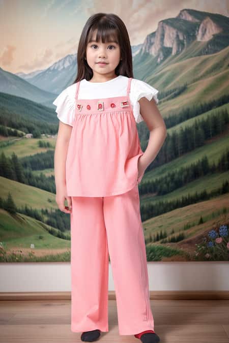 Samyukta Singhania Pink Cotton Embroidery Salmon Peplum Top And Pant Set 