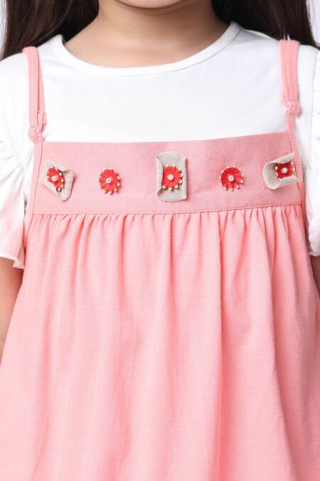 Shop_Petite Pomme_Pink Cotton Embroidery Salmon Peplum Top And Pant Set 