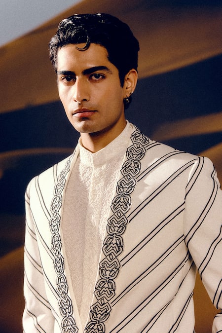 Amaare_Ivory Silk, Wool Embroidery Designer Kir Tuxedo Set _Online_at_Aza_Fashions