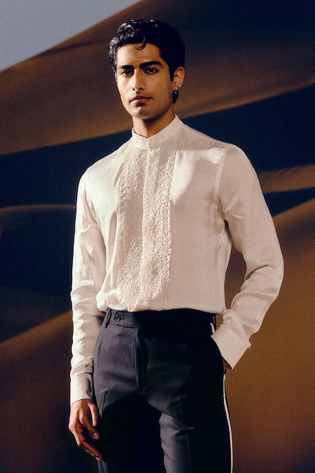 Shop_Amaare_Ivory Silk, Wool Embroidery Designer Kir Tuxedo Set _Online_at_Aza_Fashions