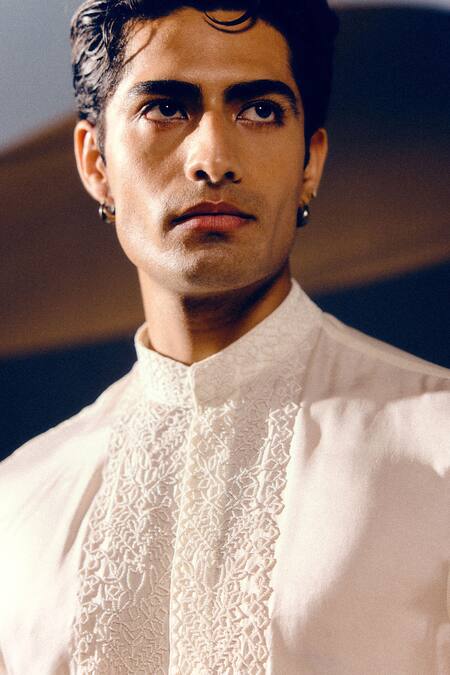 Amaare_Ivory Silk, Wool Embroidery Designer Kir Tuxedo Set _at_Aza_Fashions