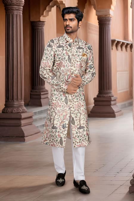 Arihant Rai Sinha Cream Silk, Polyester, Viscose Embroidery, Multi Color Thread Work Sherwani Set 