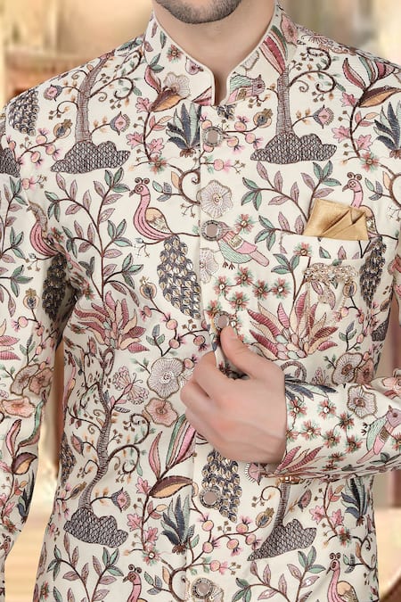Arihant Rai Sinha_Cream Silk, Polyester, Viscose Embroidery, Multi Color Thread Work Sherwani Set _Online_at_Aza_Fashions