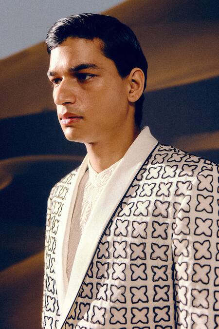 Shop_Amaare_Ivory Silk, Wool Designer Tara Tuxedo Set _Online_at_Aza_Fashions