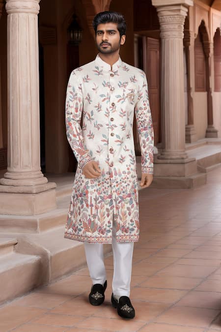 Arihant Rai Sinha Cream Multi Color Embroidered Sherwani Set 