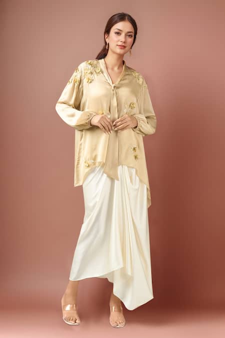 Namrata Joshipura Beige Embroidery Collared Front Tie Up Top 