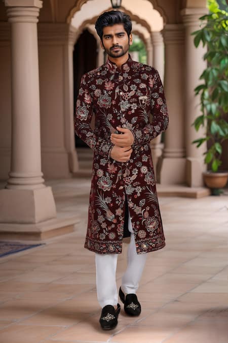 Arihant Rai Sinha Maroon Velvet Sherwani & White Pant Set 