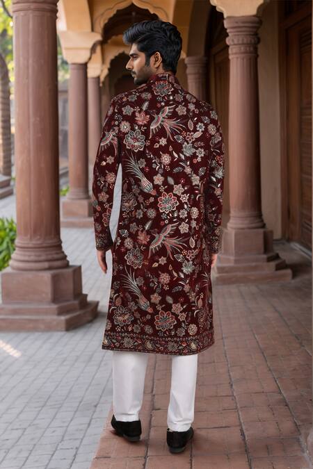 Arihant Rai Sinha Maroon Velvet Sherwani & White Pant Set 