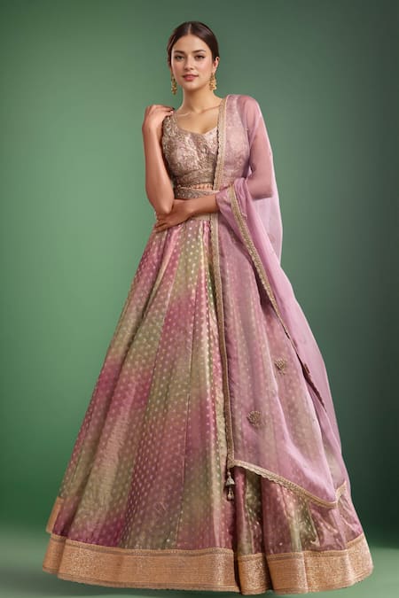 Shyam Narayan Prasad Dusty Pink & Green Embroidered Lehenga Set 