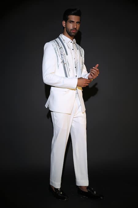 Courtyard by abhi White Japanese Lycra Embroidered Tuxedo Set 