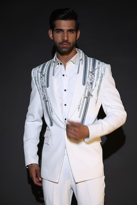 Courtyard By Abhi White Japanese Lycra Embroidered Tuxedo Set 
