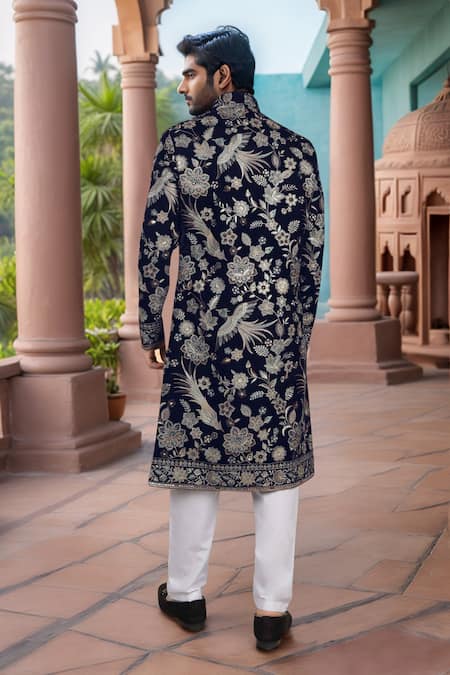 Arihant Rai Sinha Blue Velvet Sherwani With White Pant 