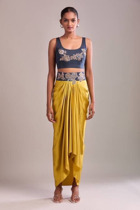 Shop AK-OK Blue Embroidery Round Neck, Collared Blouse And Draped Skirt Set Shop_AK-OK_Blue Embroidery Round Neck, Collared Blouse And Draped Skirt Set