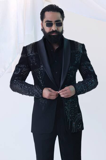 Shop_Courtyard By Abhi_Black Lycra Embroidery Japanese Tuxedo Set _Online_at_Aza_Fashions