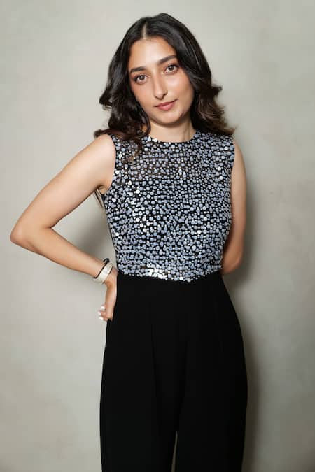 Pocket Stories_Black Microsuit Embroidery Crew Neck Ice-inspired Jumpsuit _Online_at_Aza_Fashions