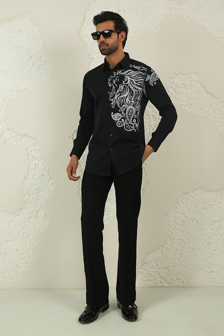 Courtyard By Abhi_Black Lycra Handpainted Shirt And Trouser _Online_at_Aza_Fashions