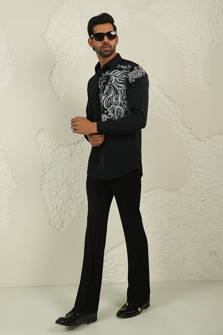 Buy_Courtyard By Abhi_Black Lycra Handpainted Shirt And Trouser _Online_at_Aza_Fashions