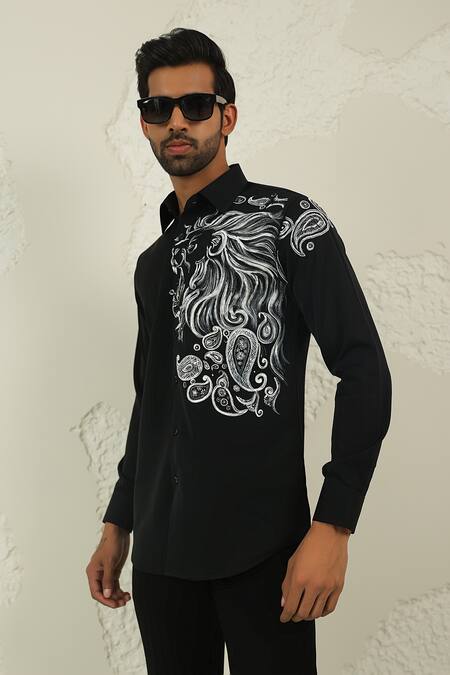 Courtyard By Abhi_Black Lycra Handpainted Shirt And Trouser _at_Aza_Fashions