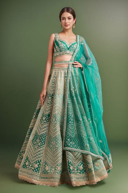 Shyam Narayan Prasad Teal Gold Dori Embroidered Lehenga Set 