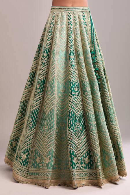 Buy_Shyam Narayan Prasad_Teal Silk, Organza Embroidery V-neck Gold Dori Lehenga Set 