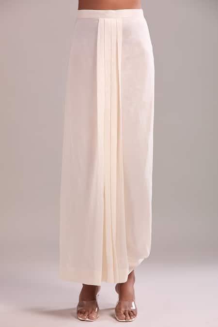 Buy_Anamika Khanna_Ivory Embroidery Round Neck Kurta Set With Draped Skirt 