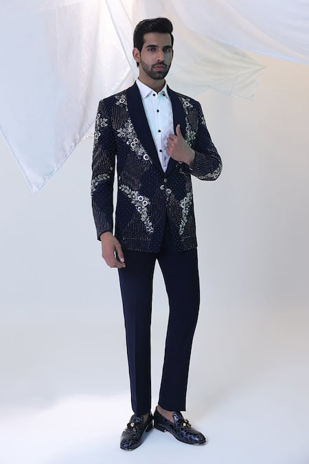 Courtyard by abhi Blue Japanese Lycra Embroidered Tuxedo Set 