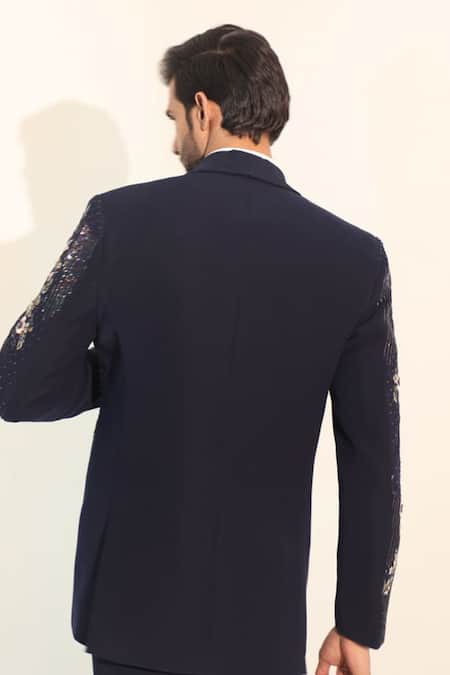 Courtyard By Abhi Blue Japanese Lycra Embroidered Tuxedo Set 