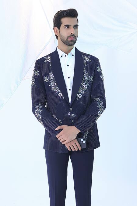 Courtyard By Abhi_Blue Lycra Embroidery Japanese Tuxedo Set _Online_at_Aza_Fashions