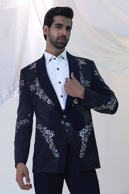 Buy_Courtyard By Abhi_Blue Lycra Embroidery Japanese Tuxedo Set _Online_at_Aza_Fashions