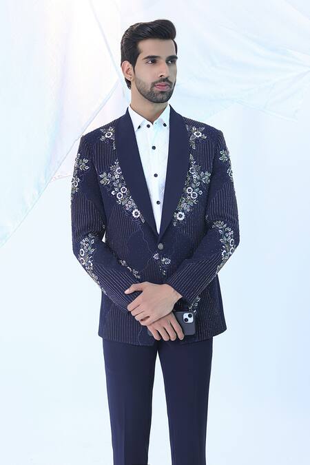 Shop_Courtyard By Abhi_Blue Lycra Embroidery Japanese Tuxedo Set _Online_at_Aza_Fashions