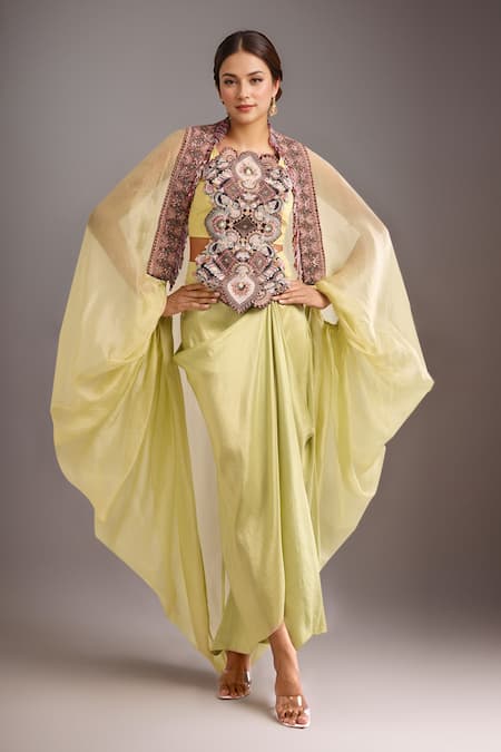 Anamika Khanna Embroidered Green Blouse & Draped Skirt Set 
