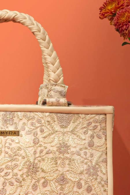 Amyra_Beige Embroidery Zen Handbag_Online_at_Aza_Fashions