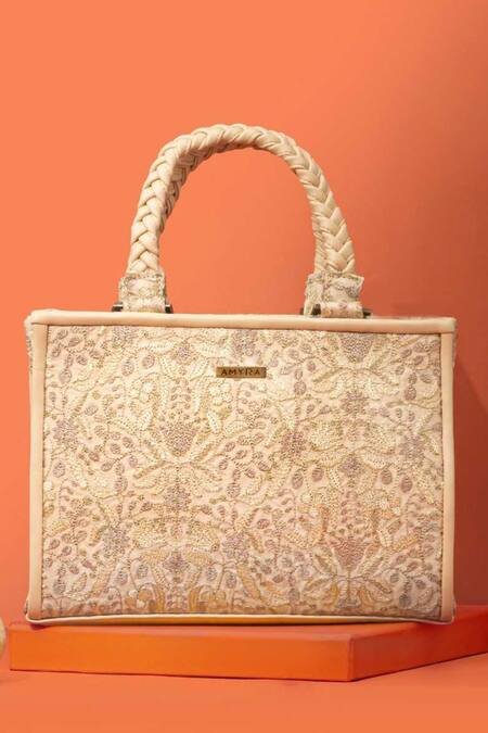 Shop_Amyra_Beige Embroidery Zen Handbag_Online_at_Aza_Fashions