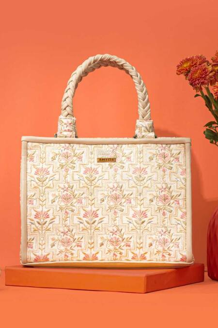 Shop_Amyra_Off White Embroidery Mogra Handbag _Online_at_Aza_Fashions