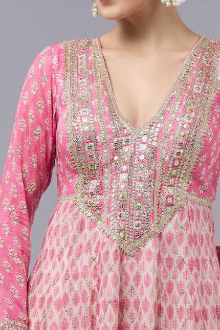 Gopi Vaid Pink Cotton, Silk, Lycra, Net Sequins, Embroidery V-neck Designer Anarkali Set Online at Aza Fashions Gopi Vaid_Pink Cotton, Silk, Lycra, Net Sequins, Embroidery V-neck Designer Anarkali Set _Online_at_Aza_Fashions